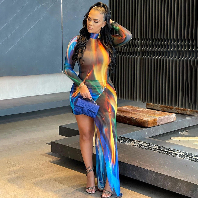 Classy Colorblock Patchwork Sheer Mesh Dress