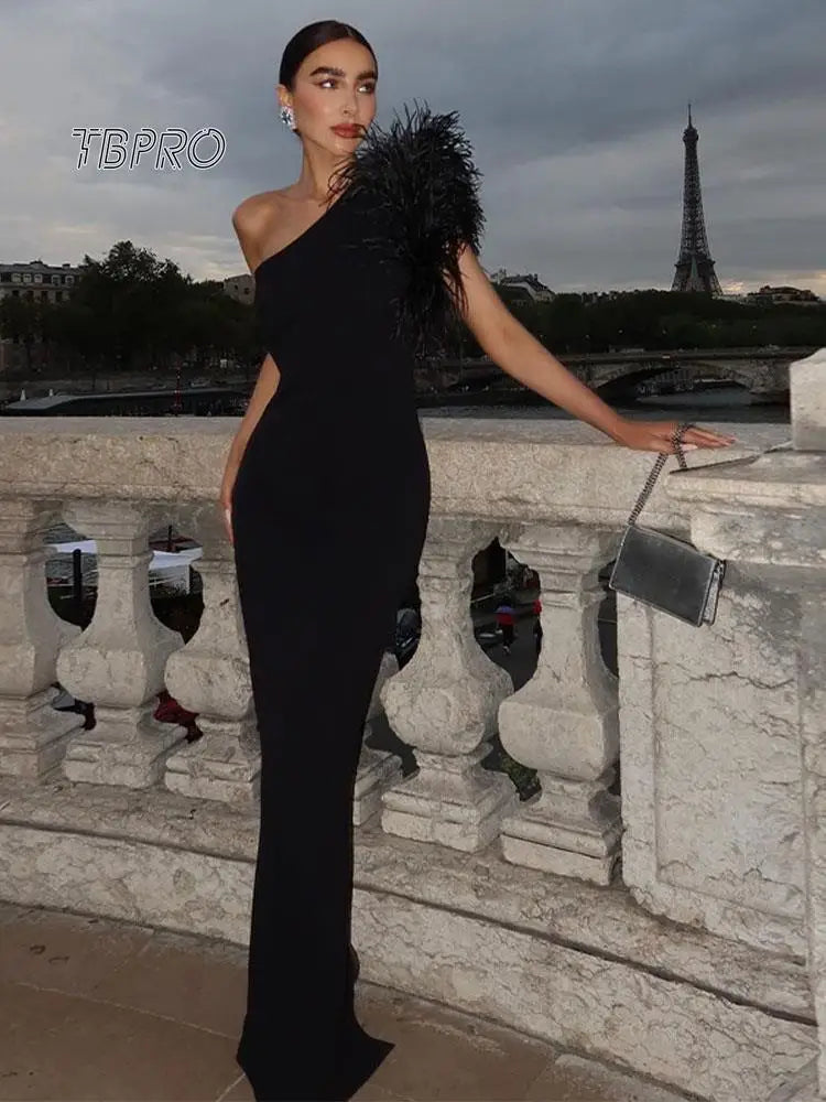 Oblique Feather Shoulder Evening Dress