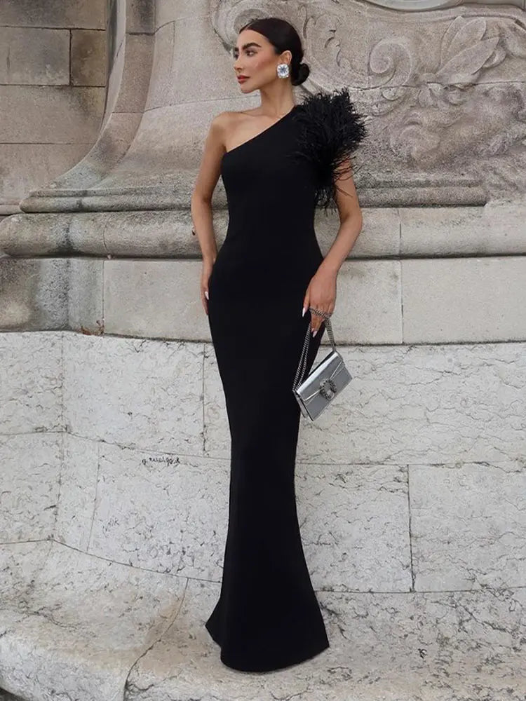 Oblique Feather Shoulder Evening Dress
