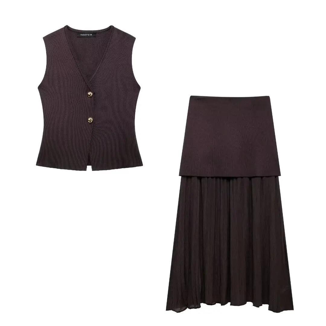 Classy 2 Piece Set V-Neck Sleeveless Button Knitted Vest