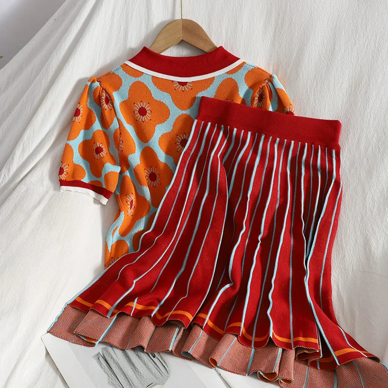 Classy Knit Skirt Suits Women Short Sleeve