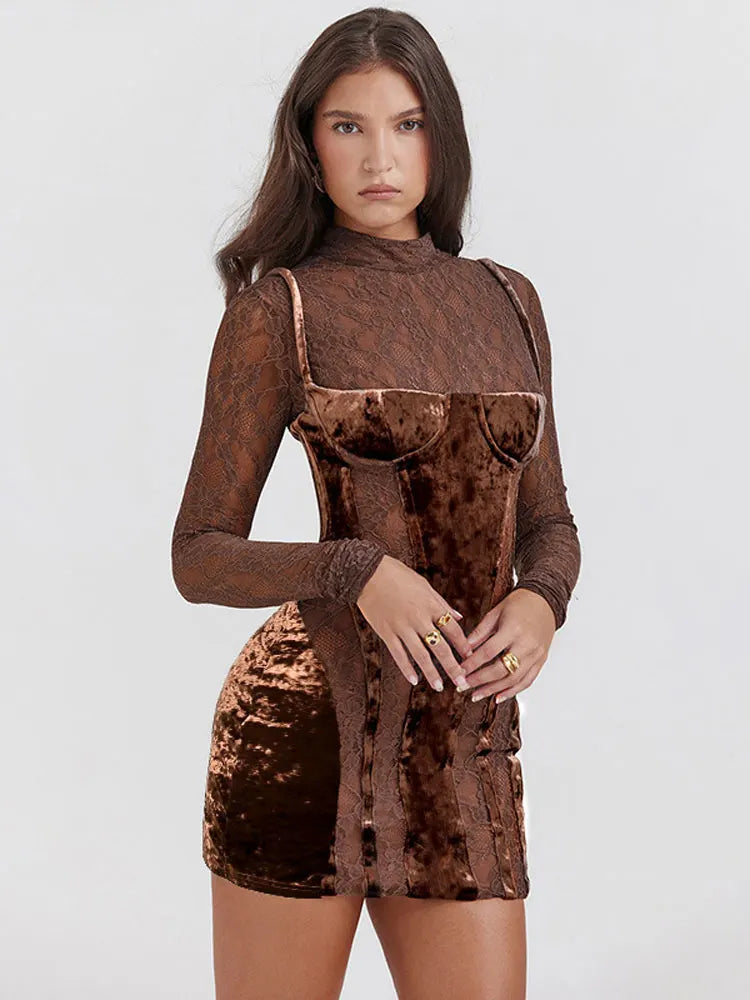 Sexy Lace Velvet Patchwork Mini Dress