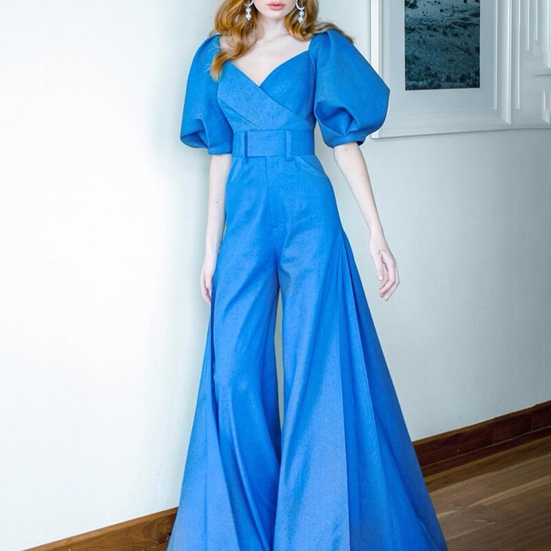 Lantern Sleeve Cropped Top & High Waist Wide Leg Flare