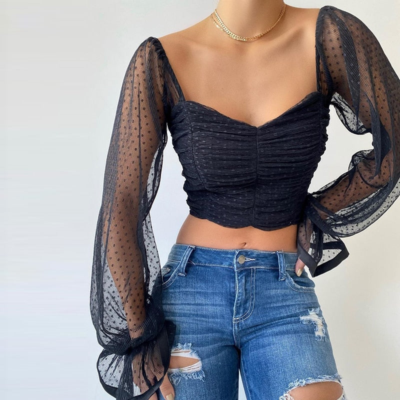 Mesh Sweetheart Ruched Blouse