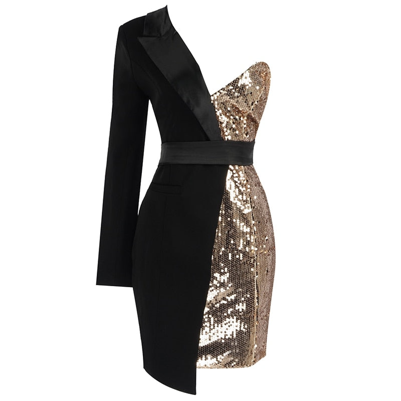 One Sleeved Sequin Crepe Tuxedo Blazer Dress