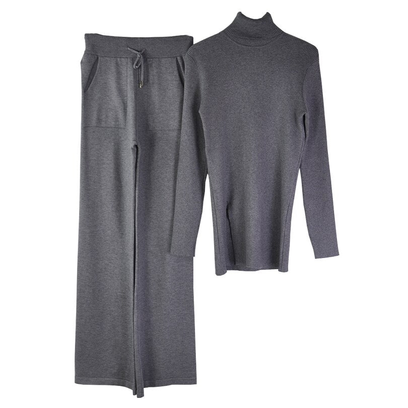 High-neck Knitted Pullover Sweater And Pants Two Piece Suit