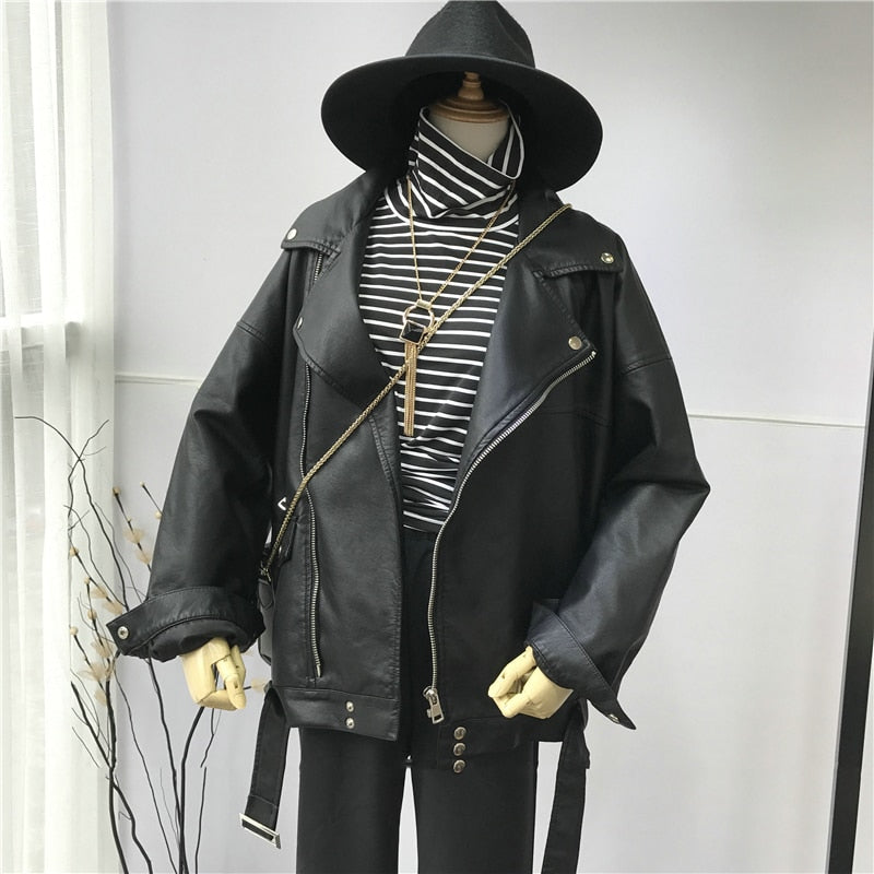 Black PU Leather Loose Turn-down Jacket