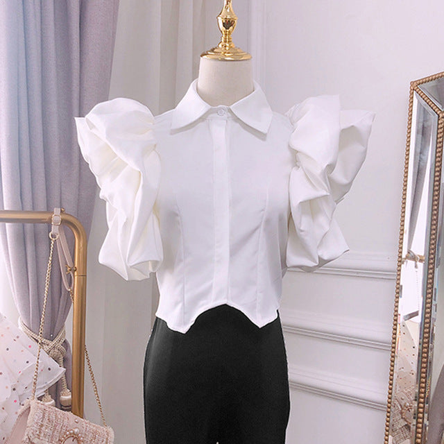 Vintage Ruffles Women Blouse Lapel Collar Butterfly