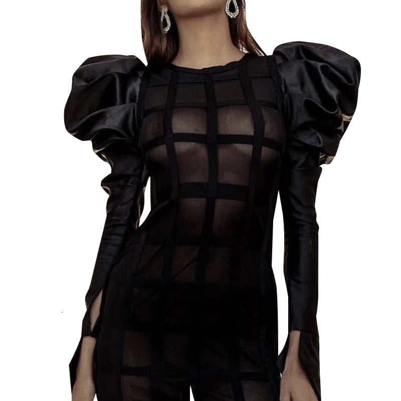 Mesh Plaid Blouses Puff