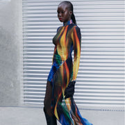 Classy Colorblock Patchwork Sheer Mesh Dress