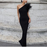 Oblique Feather Shoulder Evening Dress