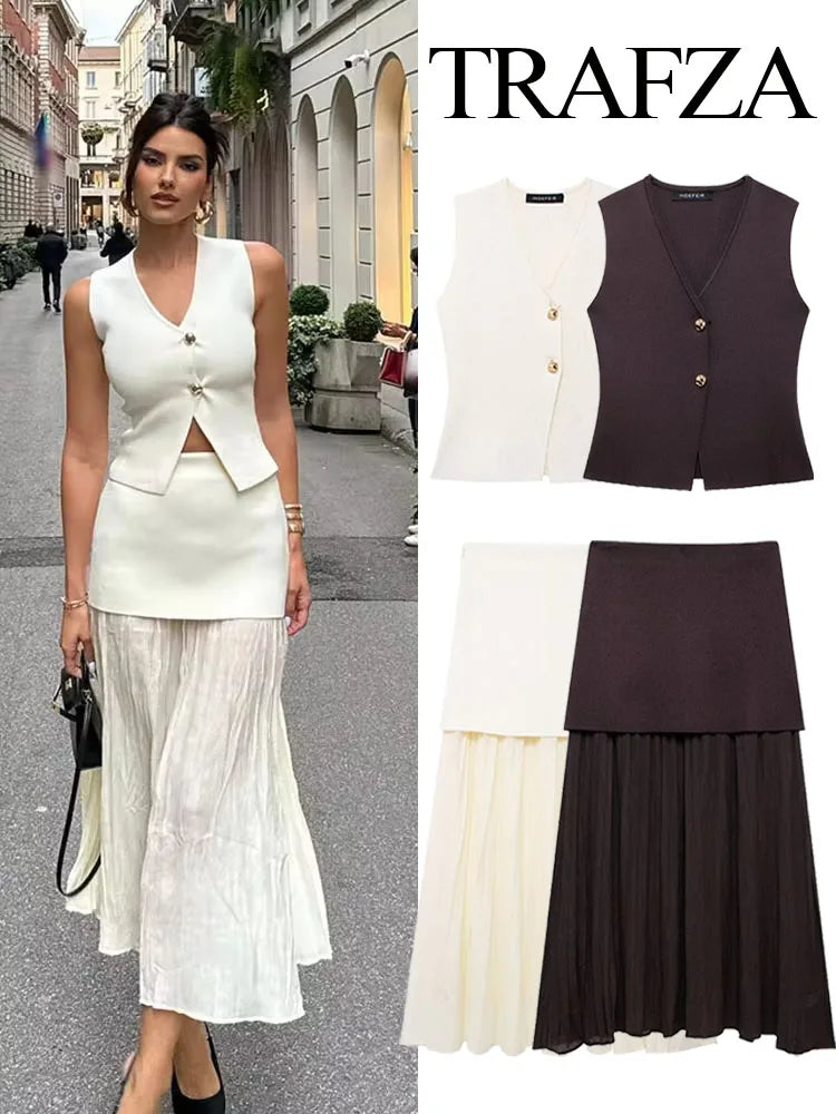 Classy 2 Piece Set V-Neck Sleeveless Button Knitted Vest