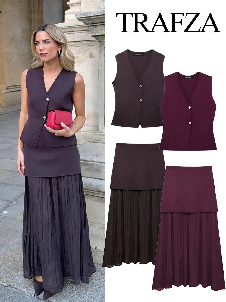 Classy 2 Piece Set V-Neck Sleeveless Button Knitted Vest