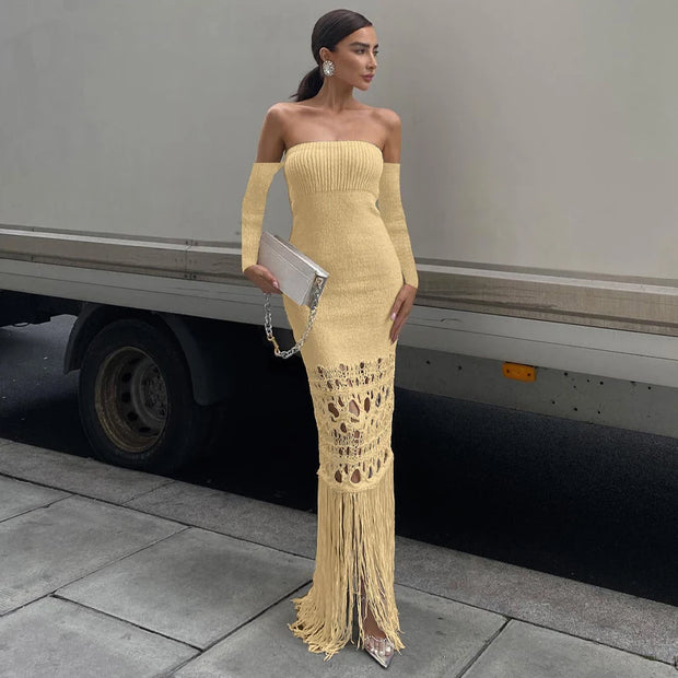 Classy Knitted Tassel Bodycon Maxi Dress