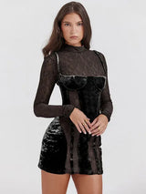 Sexy Lace Velvet Patchwork Mini Dress