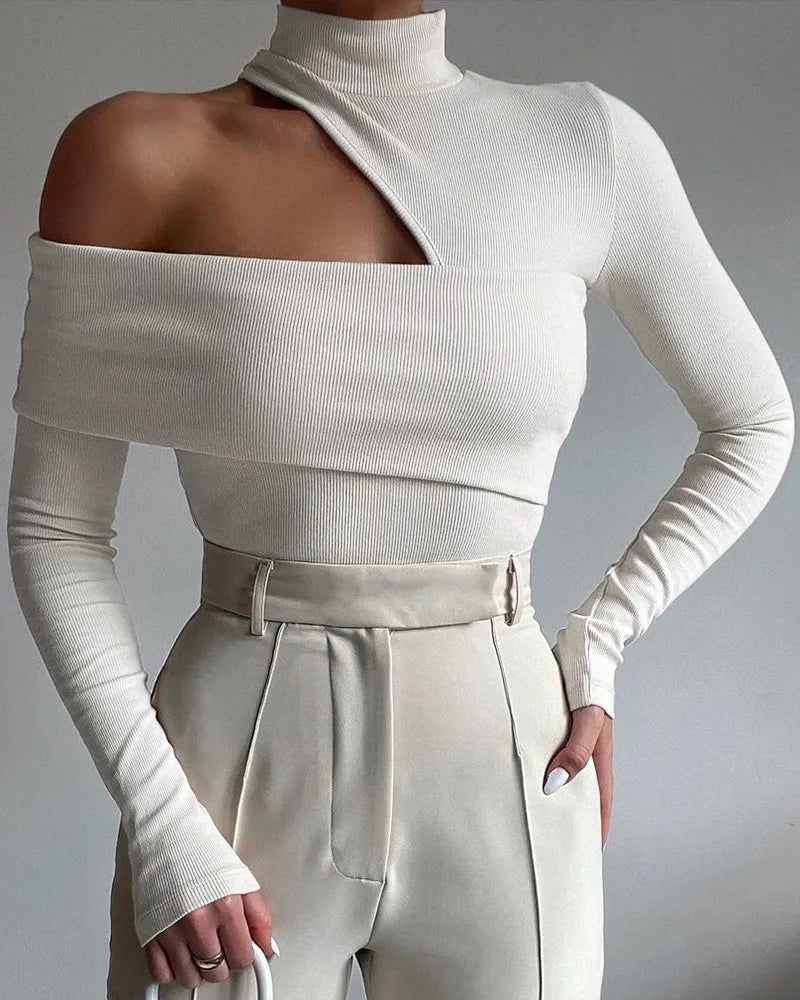 Classy High-Collar Hollow-Shoulder Top