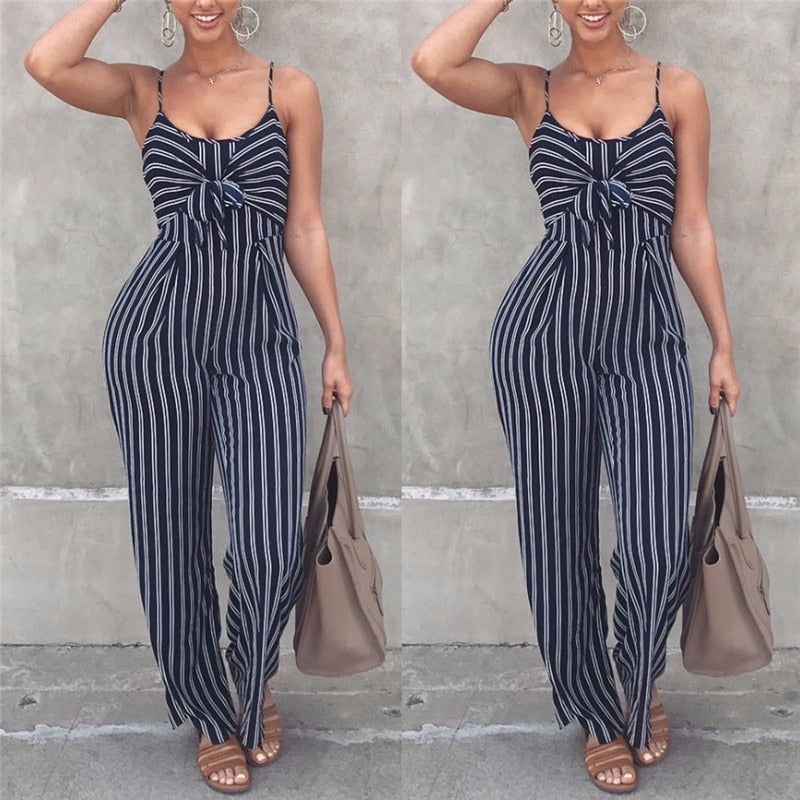 Blue Backless Stripe Jumpsuits