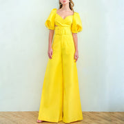 Lantern Sleeve Cropped Top & High Waist Wide Leg Flare