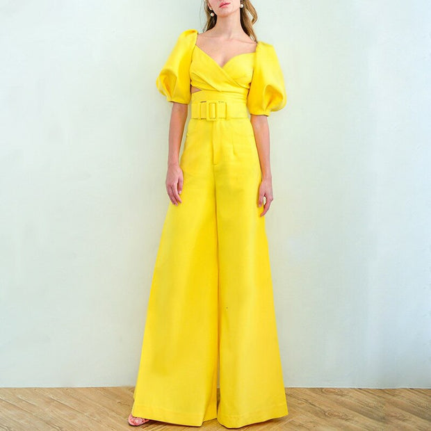 Lantern Sleeve Cropped Top & High Waist Wide Leg Flare