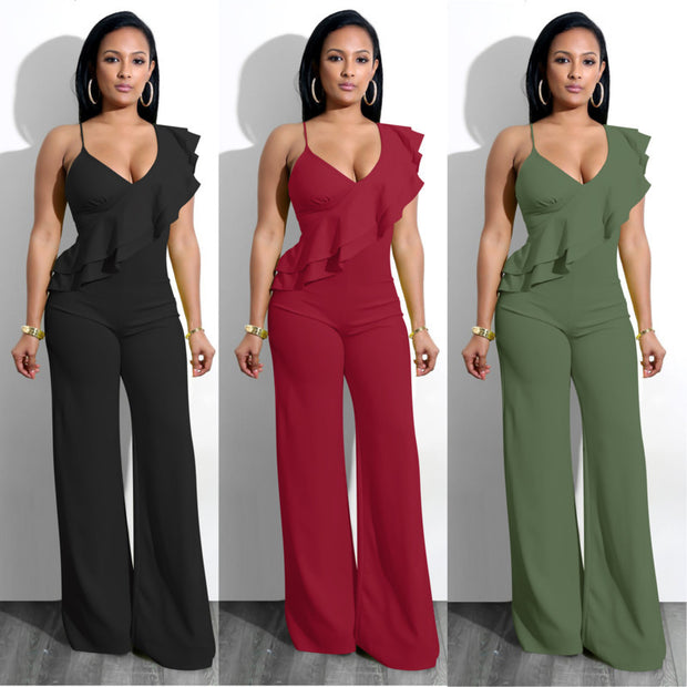 One Shoulder Ruffles Jumpsuit