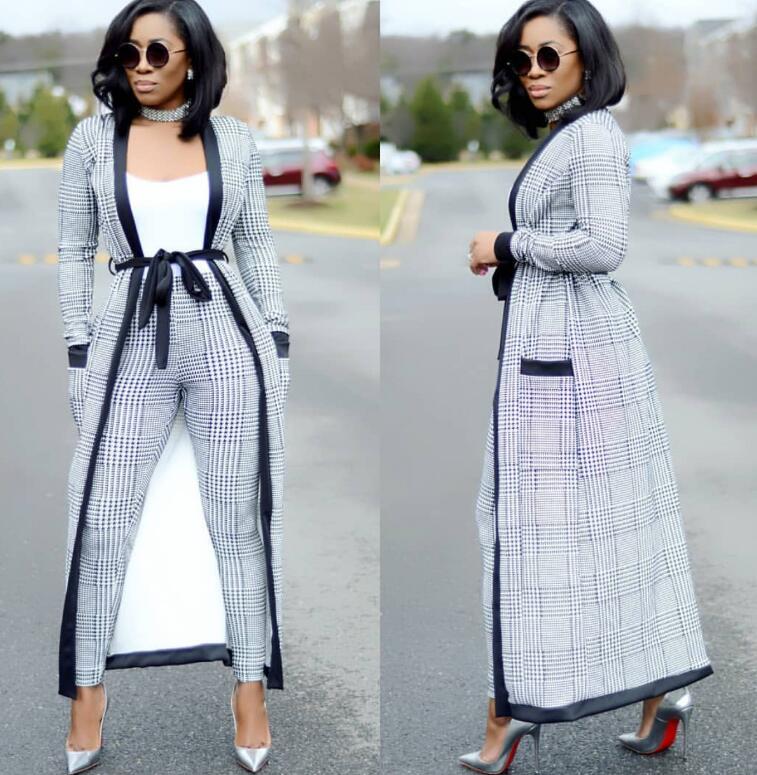Striped Wide-Legged Pants with Long Coat