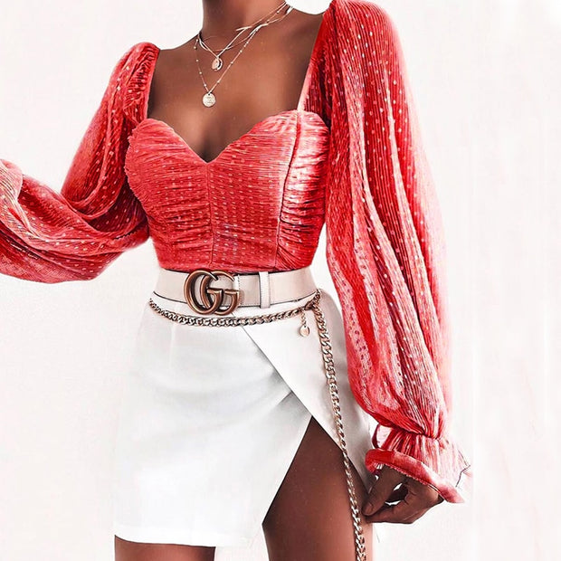 Mesh Sweetheart  Ruched Blouse