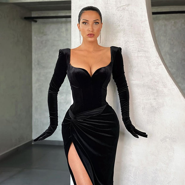 Black Velvet Sexy Split Dress