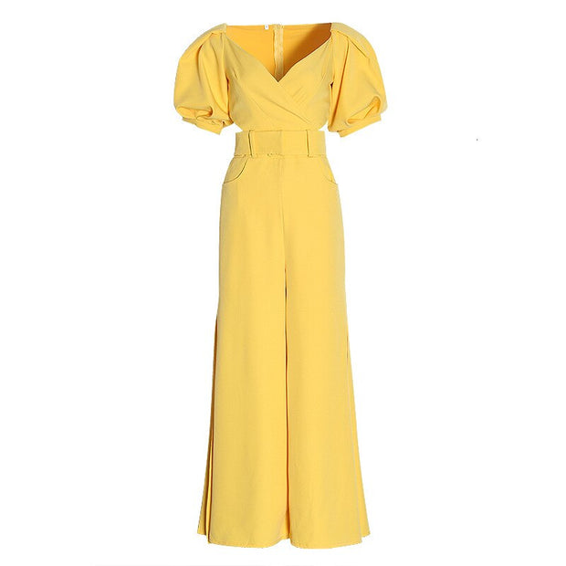 Lantern Sleeve Cropped Top & High Waist Wide Leg Flare