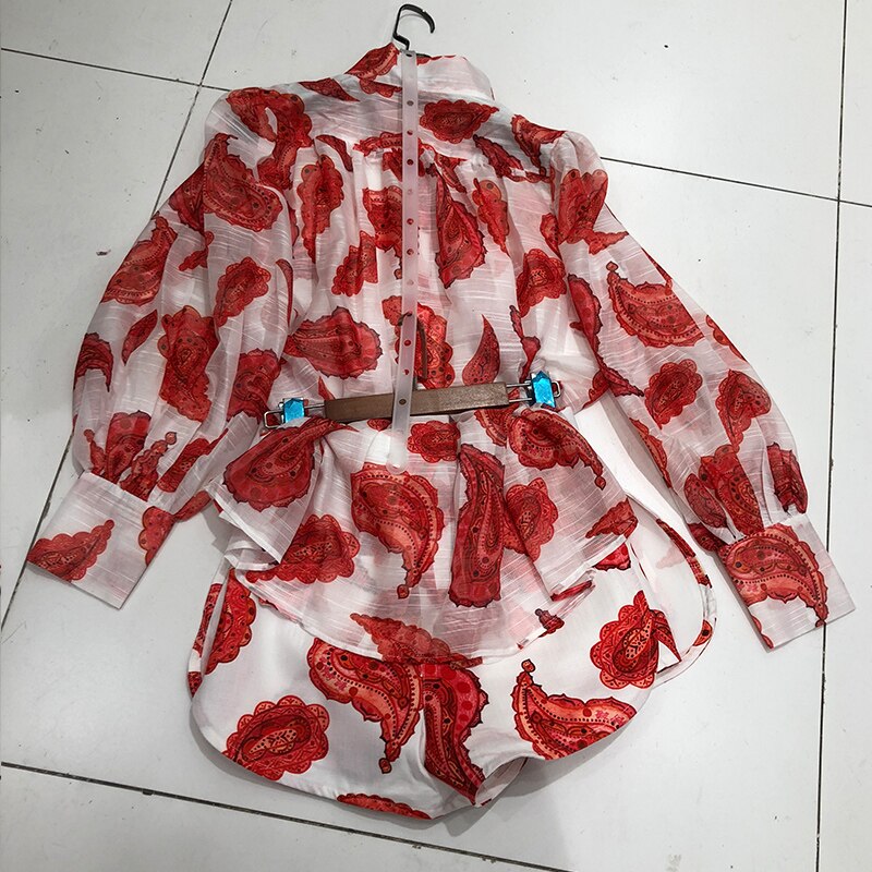 Summer Lantern Sleeve Shirt  Shorts Two Piece Set