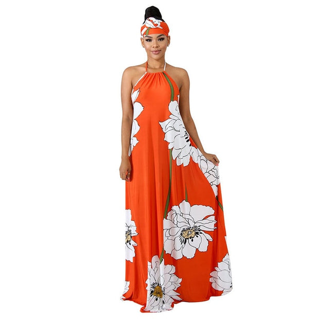 Floral Print Summer Boho Maxi Dress With Headscarf