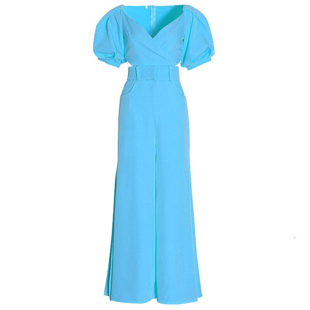Lantern Sleeve Cropped Top & High Waist Wide Leg Flare