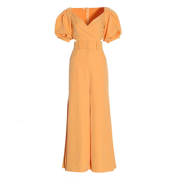 Lantern Sleeve Cropped Top & High Waist Wide Leg Flare