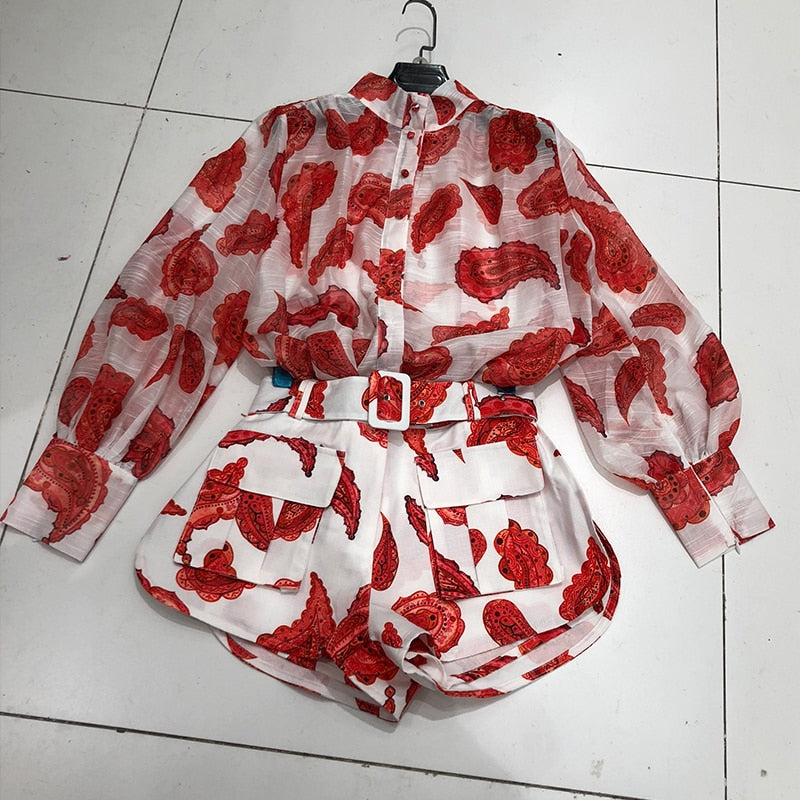 Summer Lantern Sleeve Shirt  Shorts Two Piece Set
