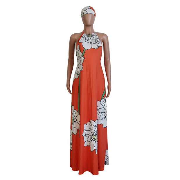 Floral Print Summer Boho Maxi Dress With Headscarf
