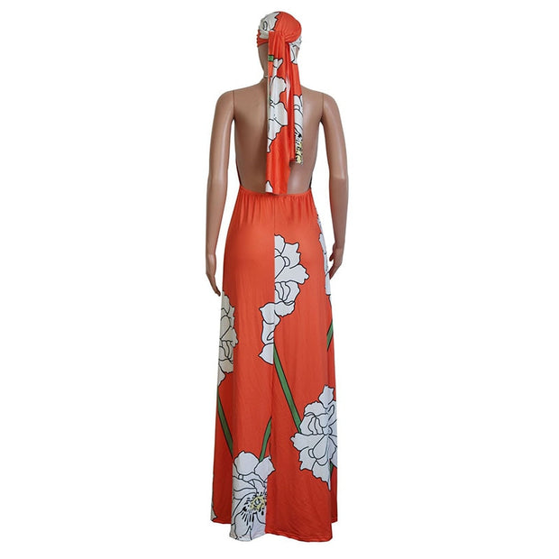 Floral Print Summer Boho Maxi Dress With Headscarf