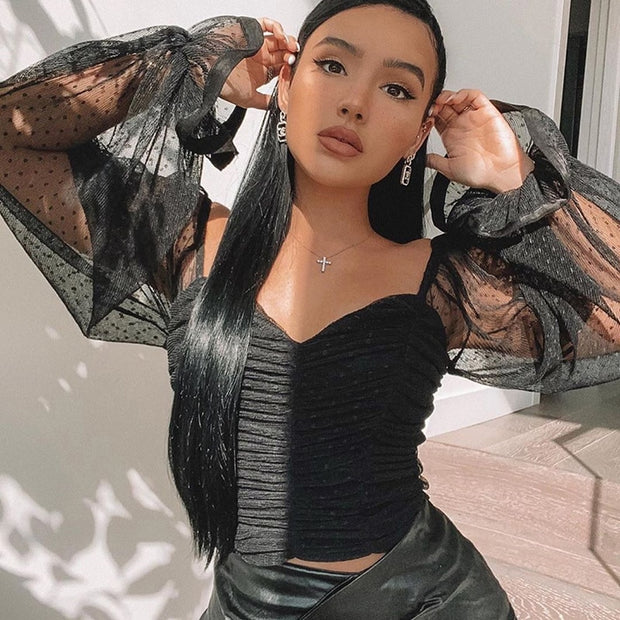 Mesh Sweetheart  Ruched Blouse