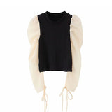 Sweet patchwork long puff sleeve top