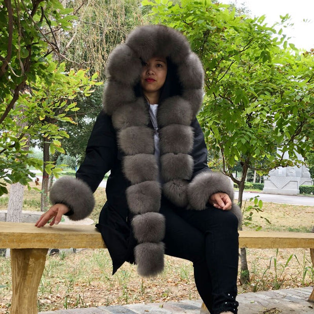 Real Fox fur fur collar hooded fur parka