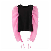 Sweet patchwork long puff sleeve top