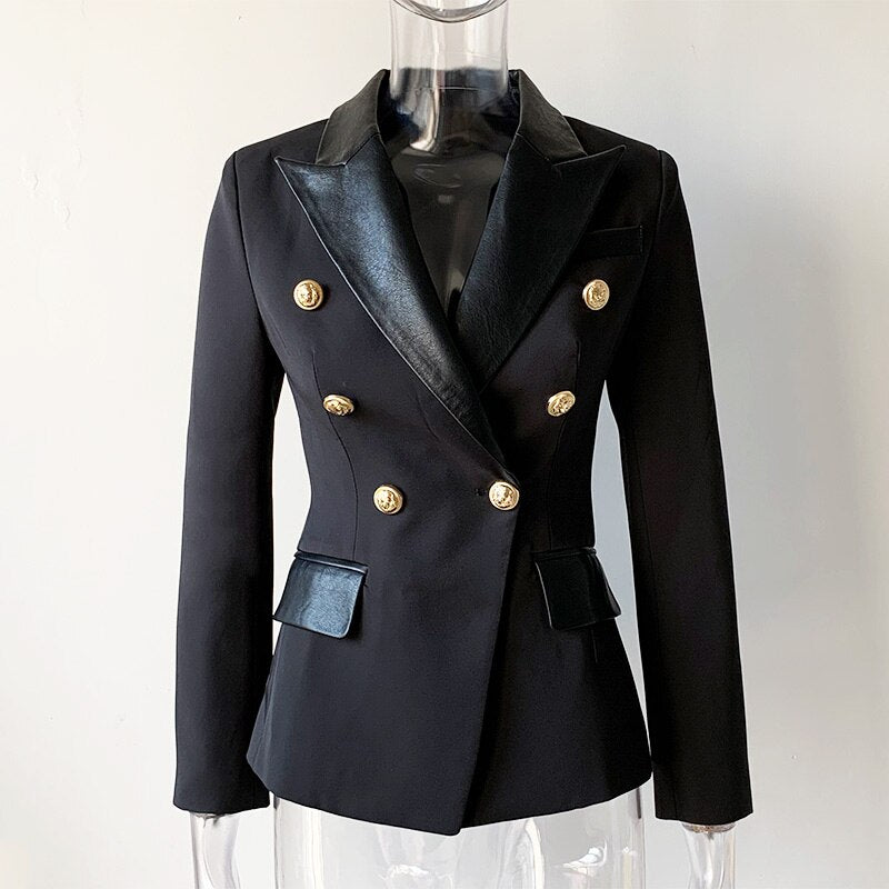 European Design PU Leather Collar Slim Black Blazer