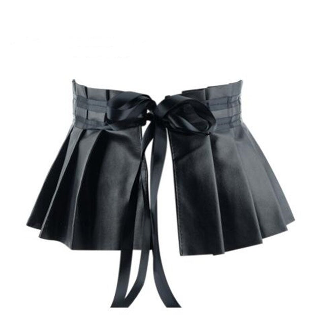 Black Elegant Pleated Soft Faux Leather Wide Belt