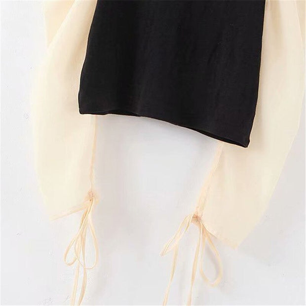 Sweet patchwork long puff sleeve top