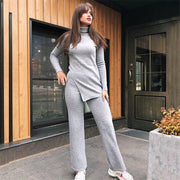 High-neck Knitted Pullover Sweater And Pants Two Piece Suit