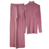 High-neck Knitted Pullover Sweater And Pants Two Piece Suit