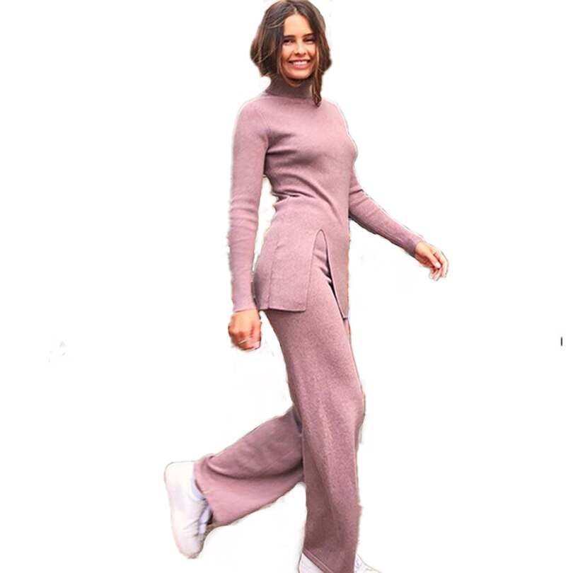 High-neck Knitted Pullover Sweater And Pants Two Piece Suit