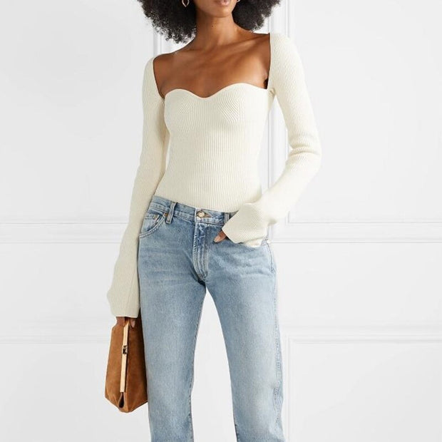 White Side Split Knitted Sweater Square Collar