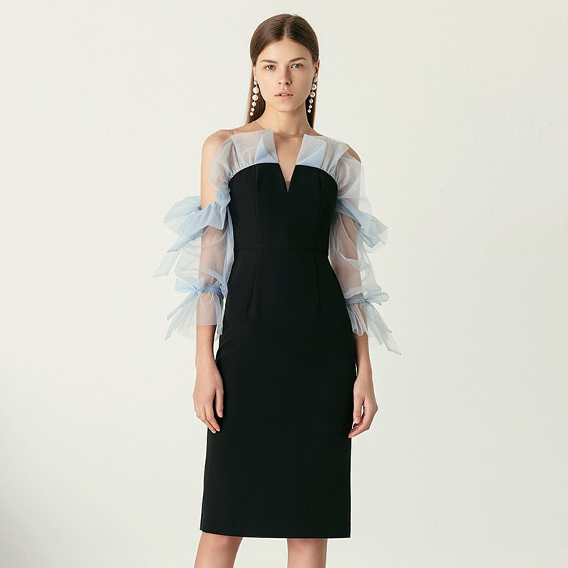 Black Dress V-neck Three Quarter Sleeves