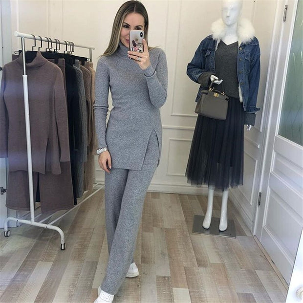 High-neck Knitted Pullover Sweater And Pants Two Piece Suit