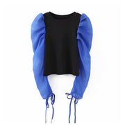 Sweet patchwork long puff sleeve top