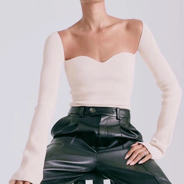 White Side Split Knitted Sweater Square Collar